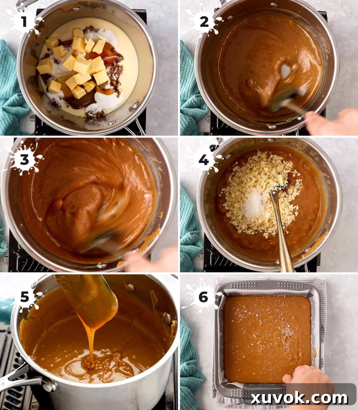 A collage of 6 images showing the fudge being made in a saucepan, demonstrating each key step.