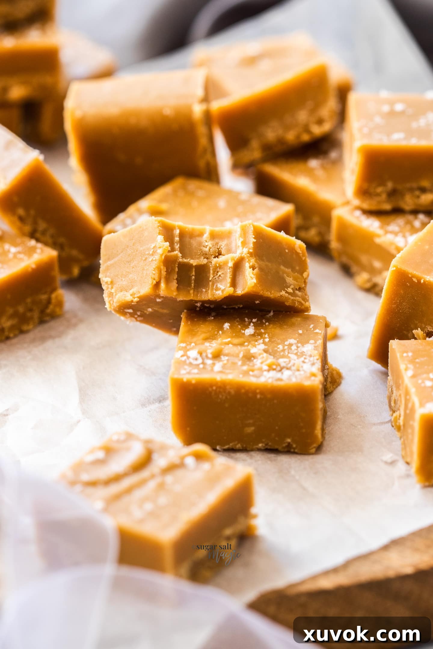 A close-up of a piece of salted caramel fudge with a bite taken out, revealing its smooth, creamy interior.