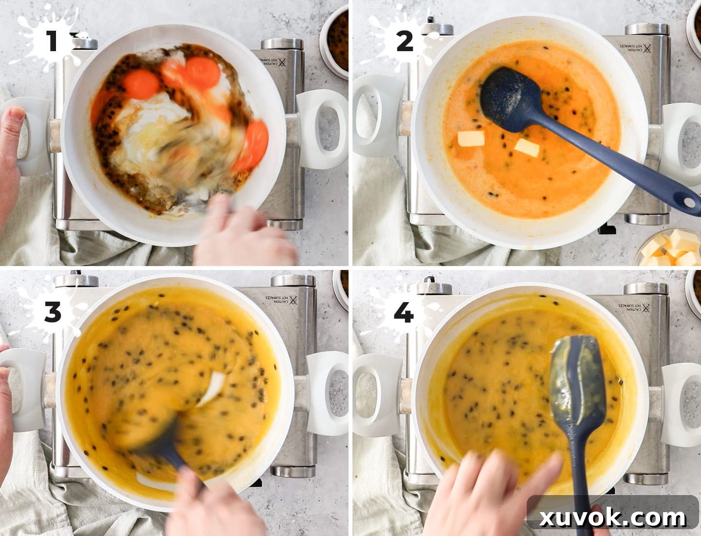 A visual collage illustrating the four key steps to making perfect homemade passionfruit curd, from whisking ingredients to the final thick consistency.