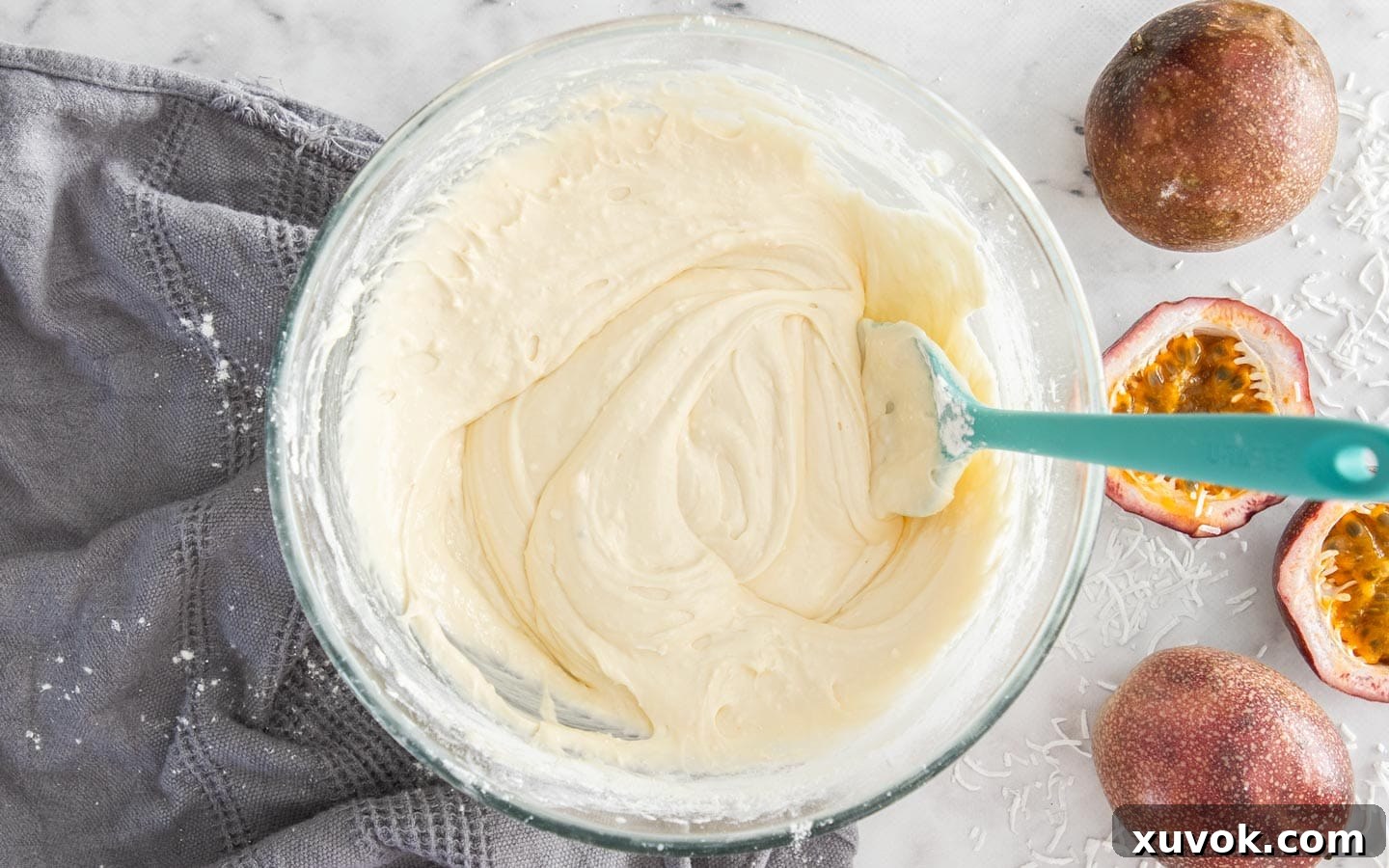 The fully combined cupcake batter, smooth and ready for portioning.