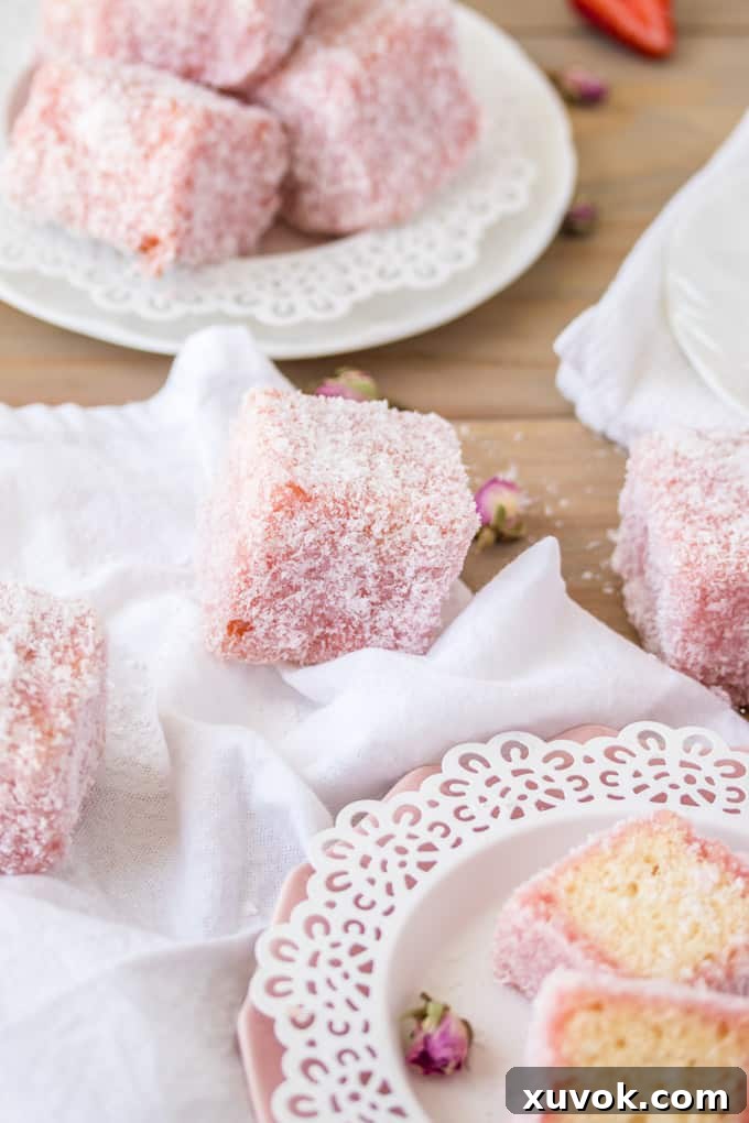 Rose Strawberry Lamingtons on white and pink plates next to a white towel