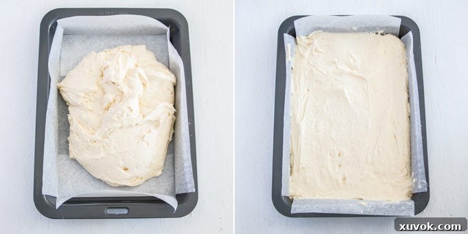 2 photos: spreading cake batter into a rectangular cake tin