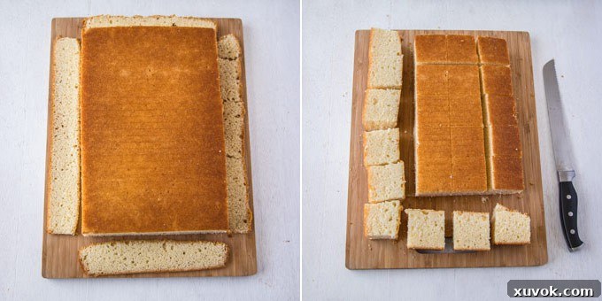 2 photos: trimming the edges of the cake, cutting into squares