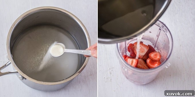 2 photos: adding gelatine into water, adding gelatine mixture to fresh strawberries