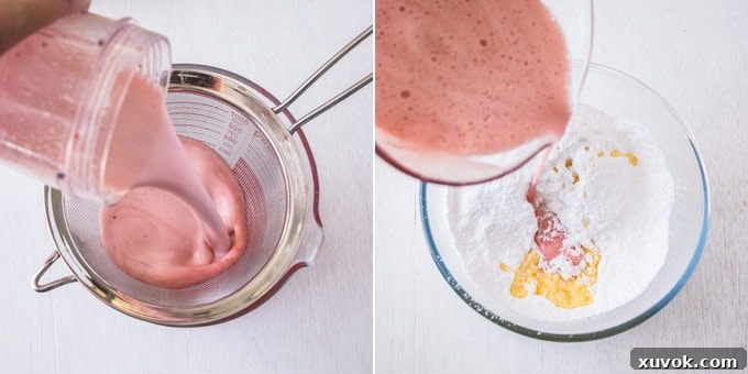 2 photos: straining strawberry mixture, adding mixture to a glass bowl with sugar and butter