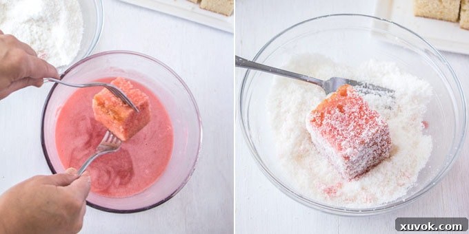 2 photos: dipping cake into strawberry mixture, rolling cake in coconut