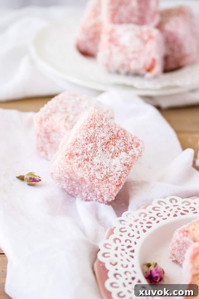 2 Rose Strawberry Lamingtons on a white towel