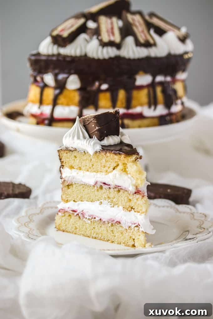 A slice of Wagon Wheel Cake on a plate, the whole cake in the background. The cake features three layers of vanilla sponge, raspberry jam, and fluffy marshmallow frosting, topped with chocolate ganache and mini Wagon Wheels.