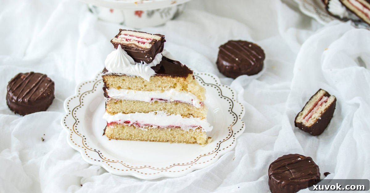 A beautiful, close-up shot of a single slice of Wagon Wheel Cake presented elegantly on a white plate, with several mini Wagon Wheels scattered around. The distinct layers and textures of the cake are highlighted.