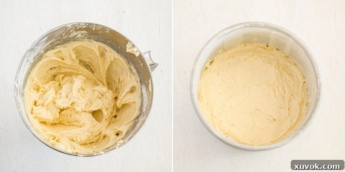 Two side-by-side photos illustrating the process of making cake batter. One shows wet ingredients being creamed, and the other shows dry ingredients being gently folded in, showcasing the light and airy texture of the batter.