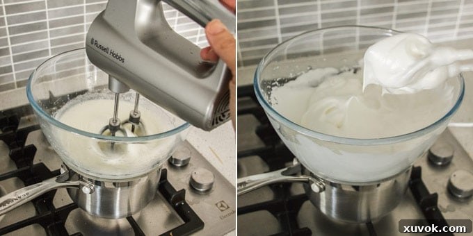 Two close-up photos demonstrating the technique of beating meringue (marshmallow frosting base) over a pot of hot, simmering water. This bain-marie method gently cooks the egg whites, ensuring a stable and safe frosting.