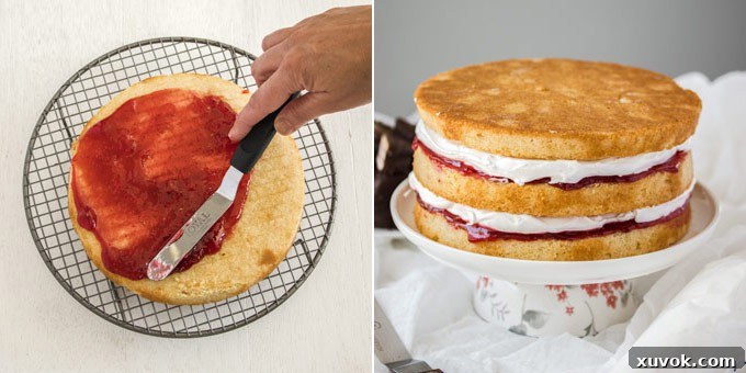 Two side-by-side photos demonstrating the cake assembly. One shows a layer of vanilla cake being spread with raspberry jam. The other displays a three-layer cake, with visible layers of cake, jam, and white marshmallow frosting, ready for the final touches.