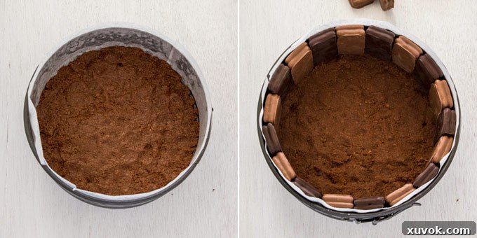 2 photos: adding Tim Tam crust to a cake tin, placing whole Tim Tam to line the edge of the cake tin