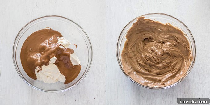 2 photos: incorporating milk chocolate into the cheesecake mixture