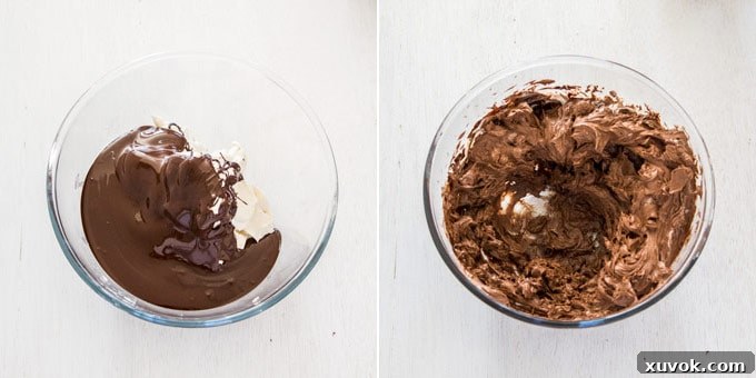 2 photos: incorporating dark chocolate into the cheesecake mixture