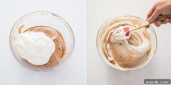 2 photos: folding whipped cream into milk chocolate cheesecake filling