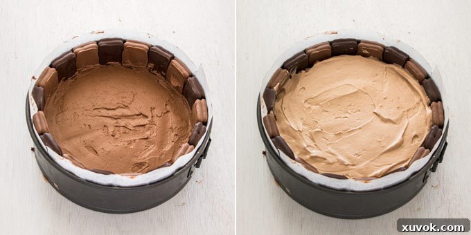 2 photos: adding 2 layers of chocolate cheesecake filling 