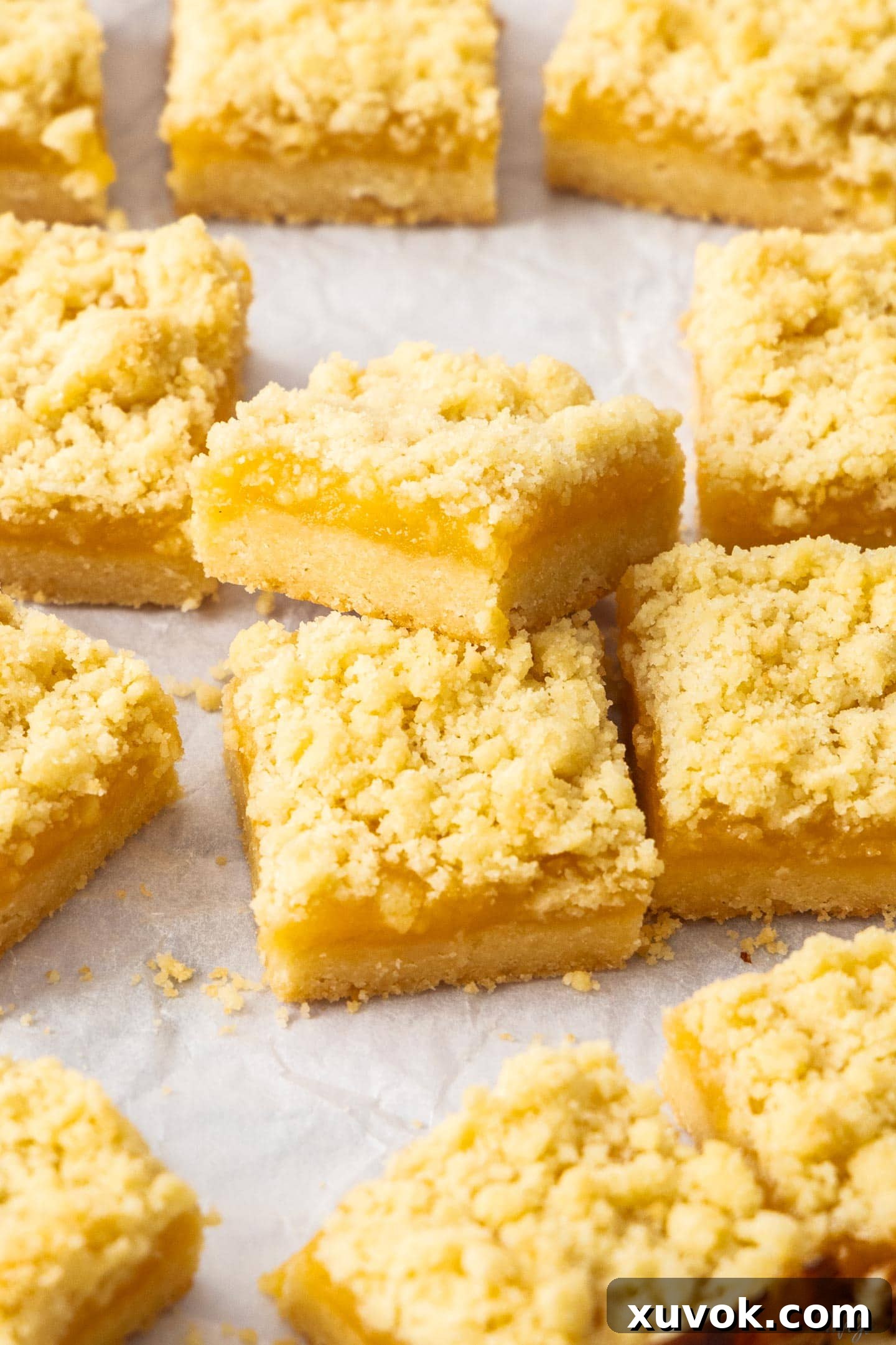 A lemon curd bar propped up against a second one to show the filling inside.