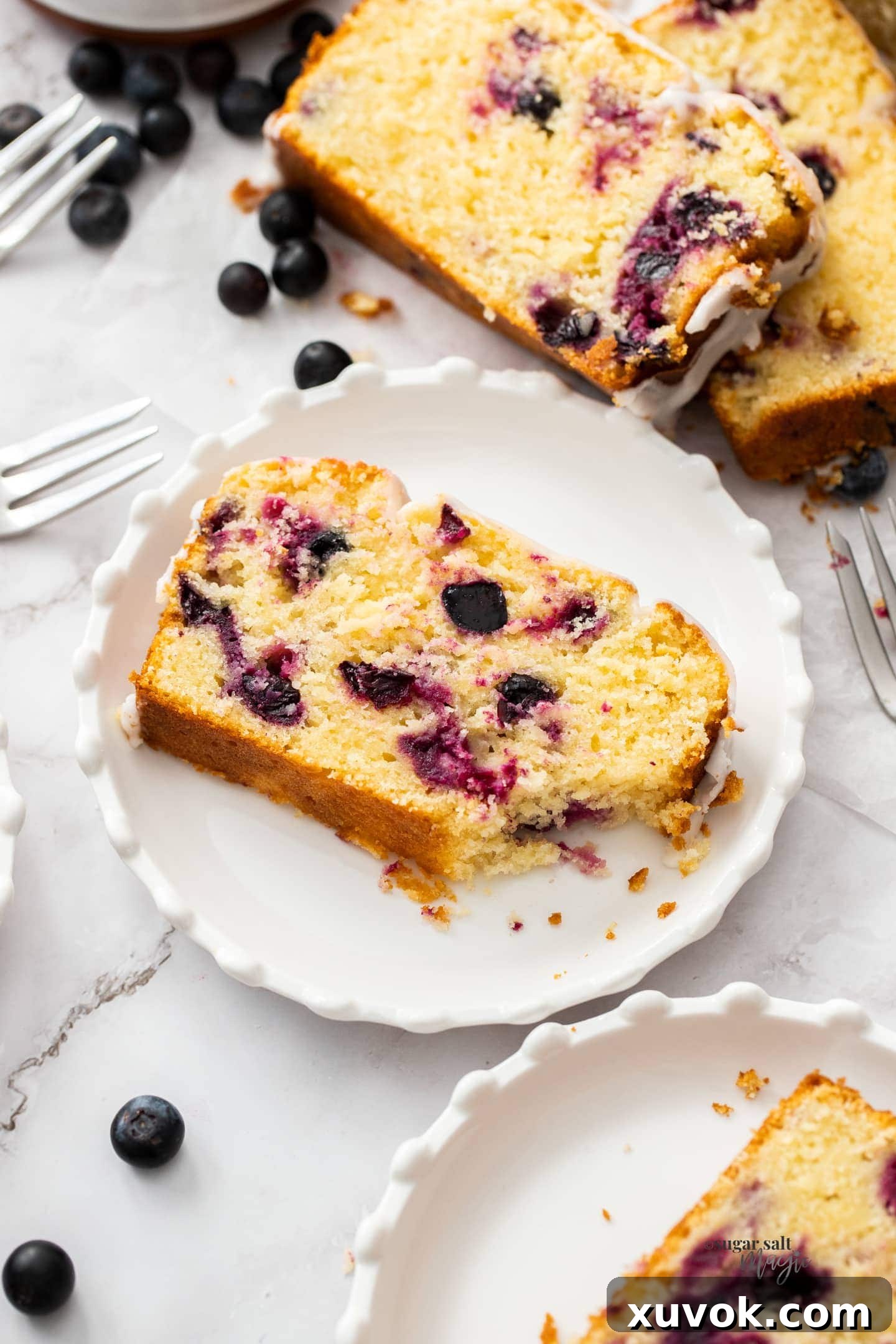 A slice of moist blueberry lemon loaf cake with a bite taken out, showing fruit inside.