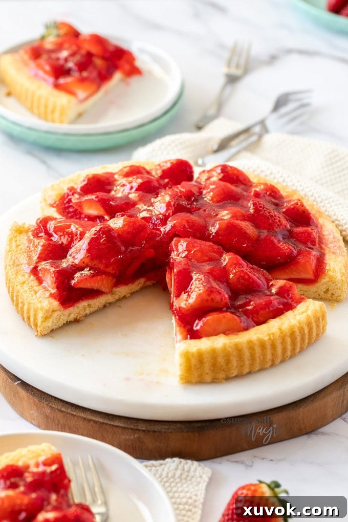 A strawberry tart with a light sponge base sitting on a marble platter with some slices cut out of it