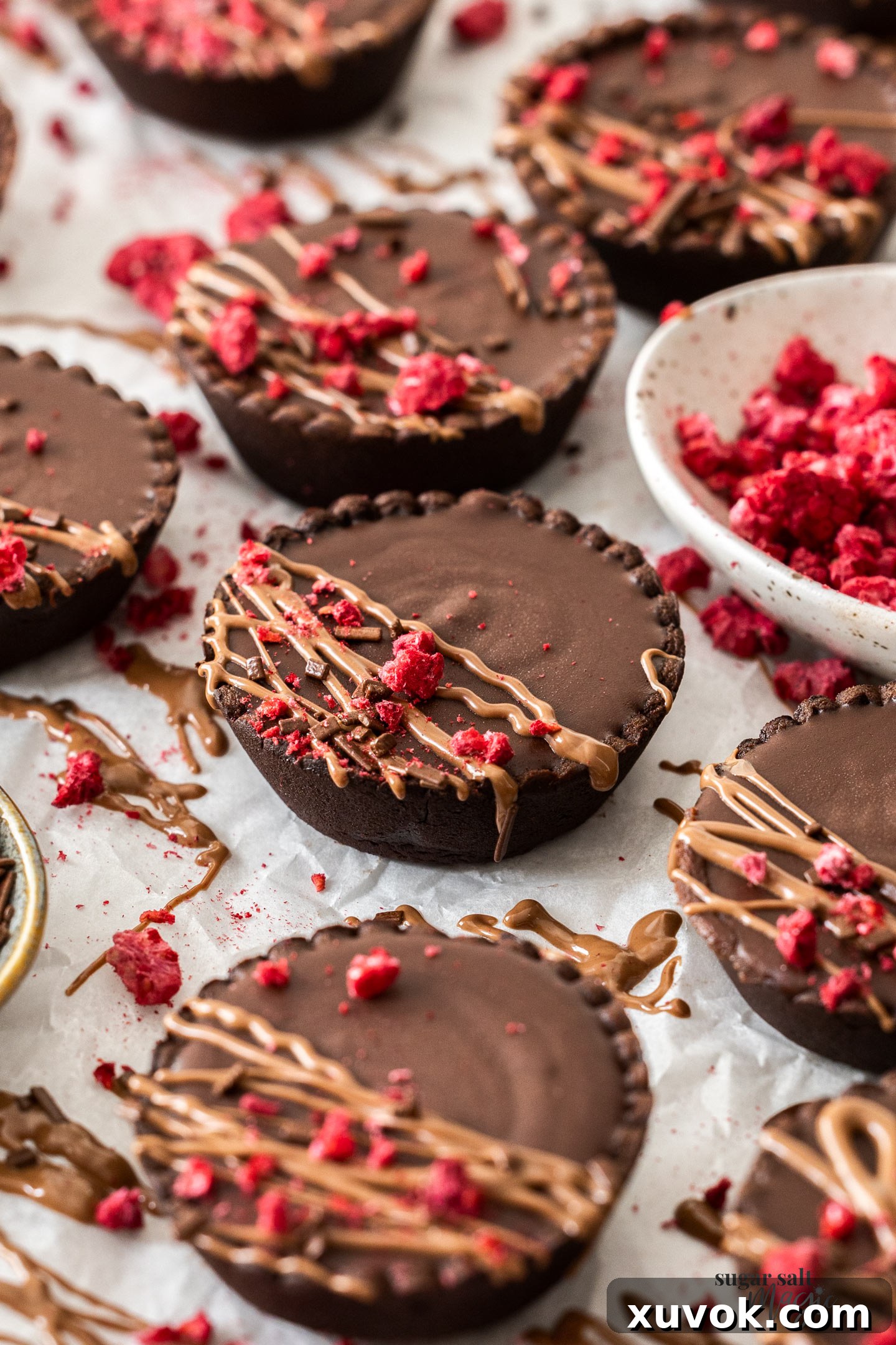 Closeup of a chocolate tartlet drizzled with chocolate and raspberries.