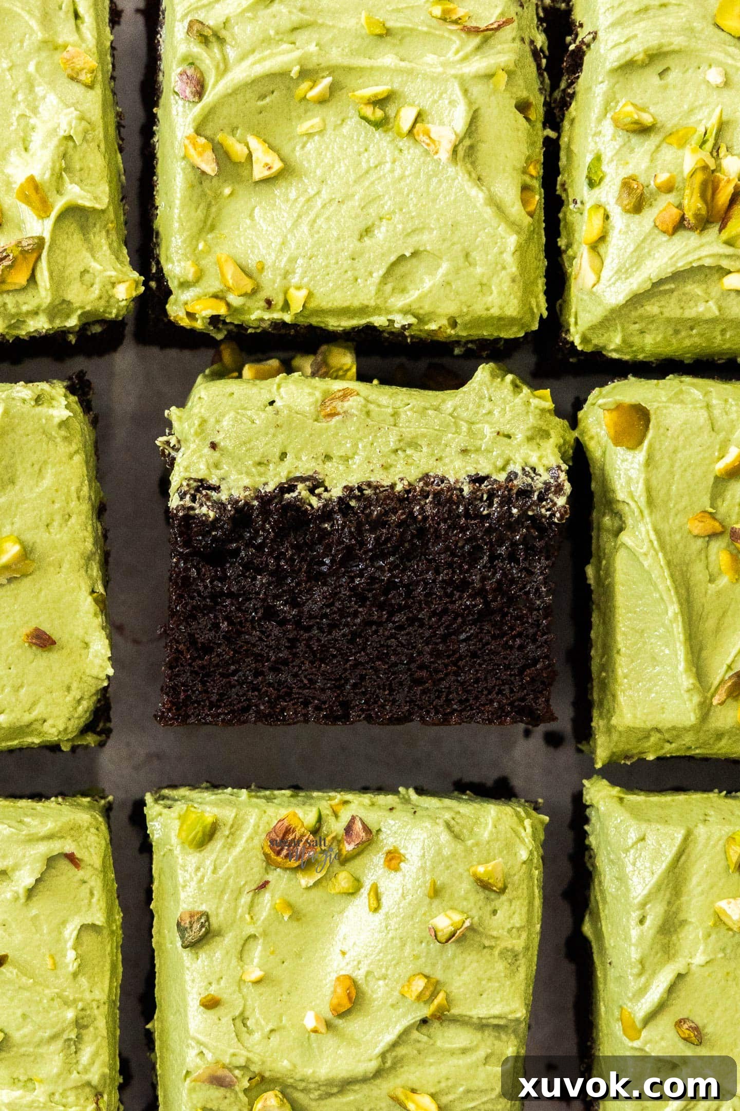Top down view of 9 squares of pistachio chocolate cake with the middle one turned on it's side.