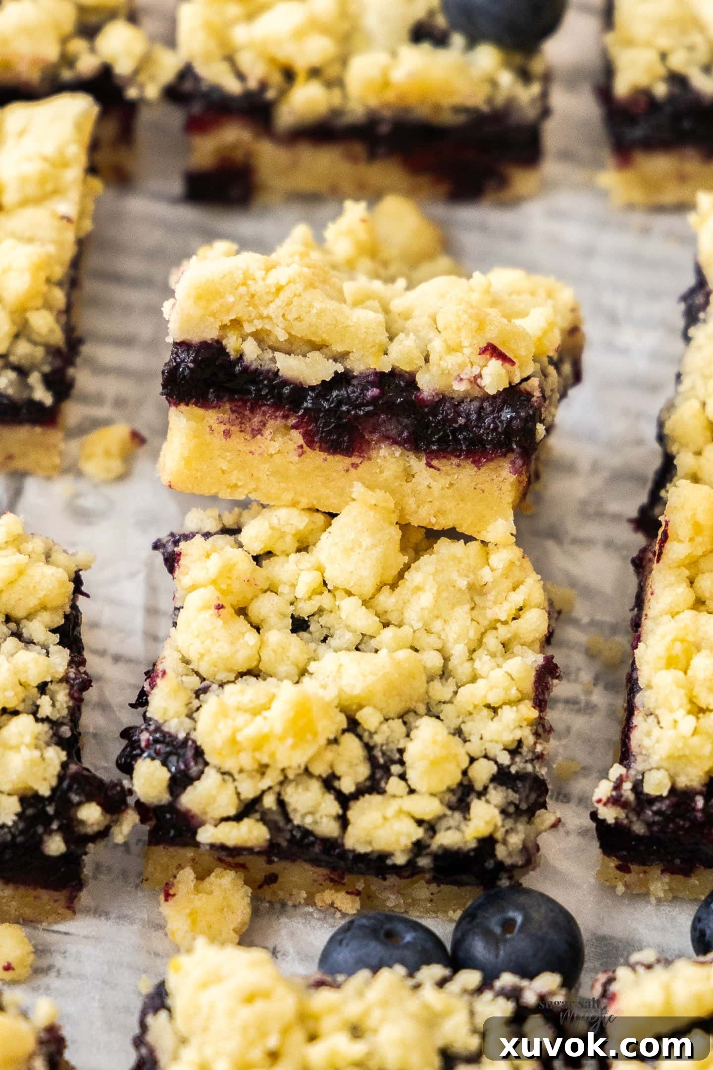 A blueberry shortbread bar angled up towards the camera to show the filling.