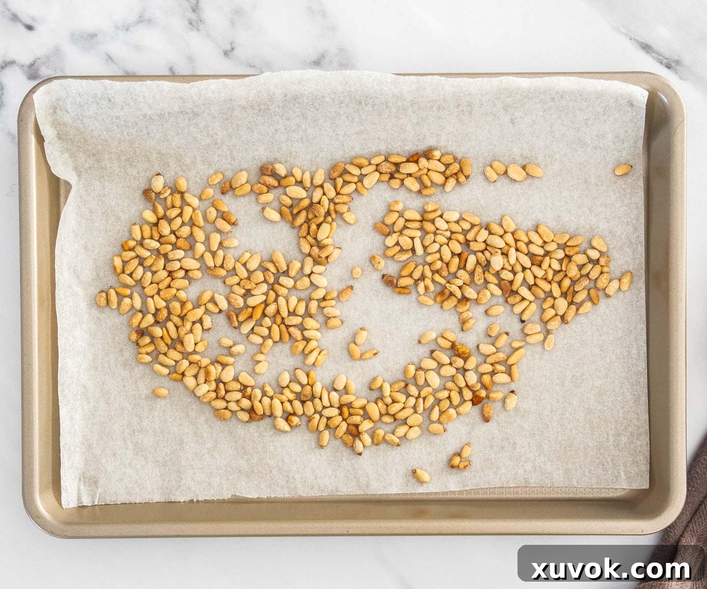 Toasted pine nuts on a baking tray.